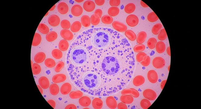 Microscopic view of a blood smear showing numerous red blood cells surrounding a larger white blood cell with multi-lobed nucleus, stained in shades of pink and purple