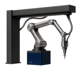 Gantry robot with a four-axis articulated arm and a deburring tool for precision metal finishing in a machine shop