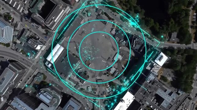 Quantum sensor technology navigation. Aerial view of a city square with glowing digital grid lines and light trails highlighting urban activity.