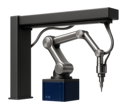 Gantry robot with a four-axis articulated arm and a deburring tool for precision metal finishing in a machine shop