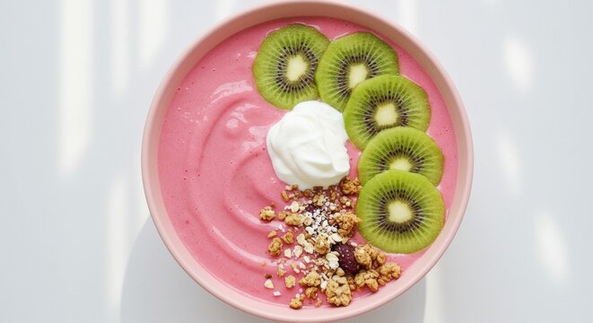 Pink Smoothie Bowl Topped with Kiwi Slices, Whipped Cream and Granola Crunch