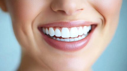 Obraz premium A smiling woman with white teeth and a pink lip color, wearing a white top and a blue skirt, against a light blue background.