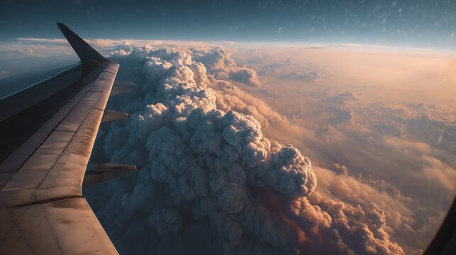 The view from a plane window with pyrocumulus clouds stretching out as far as the eye can see. .