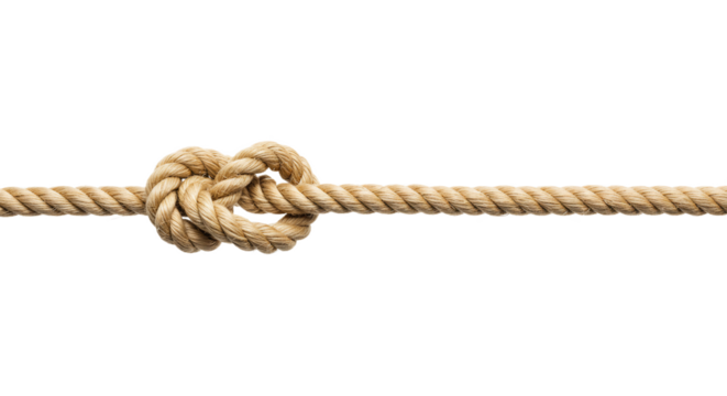 Heart knot tied in tan rope stands out on a transparent background, perfect for nautical themes, designs about connection or secure bonds.