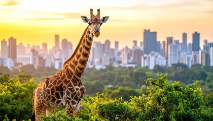 Obraz premium Giraffe in a city at sunset