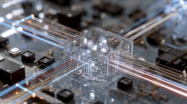 Quantum sensor technology navigation. A close-up view of a futuristic quantum computer chip with glowing pathways and intricate circuits.