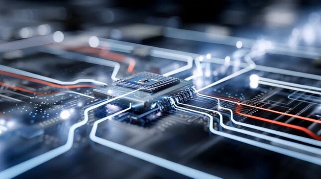 Quantum sensor technology navigation. A close-up view of a computer microchip on a circuit board with luminous lines and futuristic lighting effects.