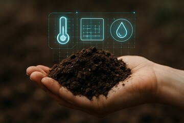 Farmers hand holding healthy soil with digital interface icons representing soil temperature, moisture, and data analysis