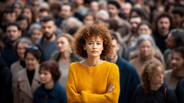 Confident curly-haired woman standing out in crowd   -