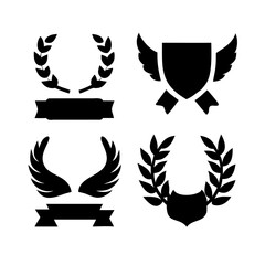 Laurel wreath, shield, wing, ribbon, and banners vector set. Laurel wreaths, shields, wings, ribbons illustration for awards, heraldry, logos, badges, and branding designs . © Borsha
