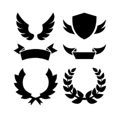 Obraz premium Laurel wreath, shield, wing, ribbon, and banners vector set. Laurel wreaths, shields, wings, ribbons illustration for awards, heraldry, logos, badges, and branding designs .