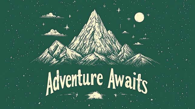 "Adventure Awaits" graphic tee with playful typography and a minimalist mountain range, printed on forest green for an outdoorsy vibe.

