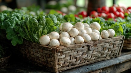 Fresh mushrooms and greens in a rustic basket