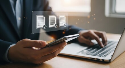 Digital Document Management Hands Holding Phone and Laptop with Virtual File Icons Displaying