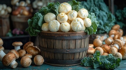 Fresh mushrooms in wooden basket