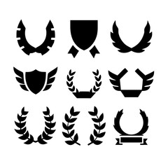 Fototapeta premium Vintage educational coat of arms set with university college and academy elements isolated vector illustration. Laurel wreaths, shields, ribbons illustration for awards,badges, and branding designs 