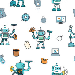 Seamless vector pattern with cute cleaning robots and household items on white background.