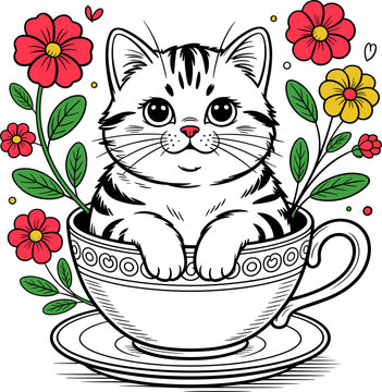 Cute Kitten in Teacup with Flowers &ndash; Colored Line Art Vector Illustration
