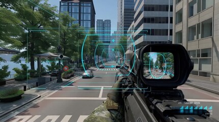 Quantum sensor technology navigation. A futuristic first-person shooter view with a rifle scope overlay targeting an urban city street lined with trees and buildings. - Powered by Adobe