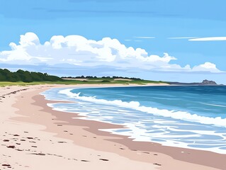 Obraz premium Serene beach landscape featuring tranquil ocean waves and a clear sky with clouds