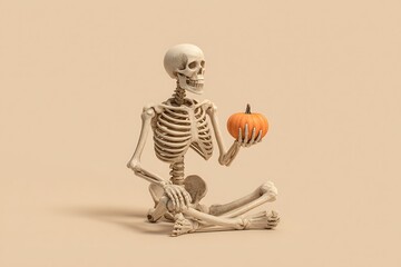 A skeleton holding a pumpkin while sitting crosslegged with a neutral background