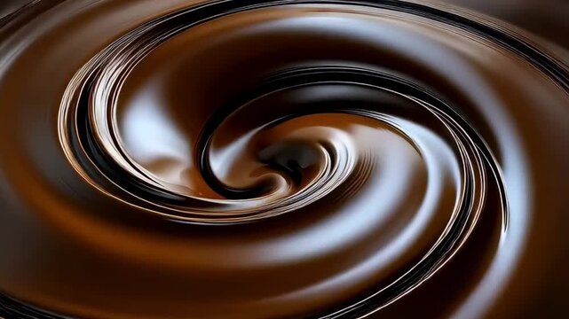 An abstract macro video of a smooth, viscous liquid chocolate spiral, creating a beautiful and satisfying textured background with elegant, glossy ripples