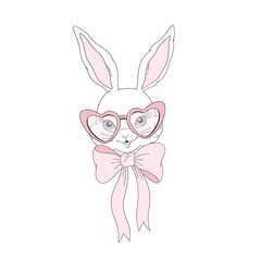 Coquette Easter Bunny Girl wearing Heart Shaped Glasses and Pink Ribbon Bow Vector Illustration Isolated on White. Perfect for Easter cards, spring party invitations, nursery wall art, digital