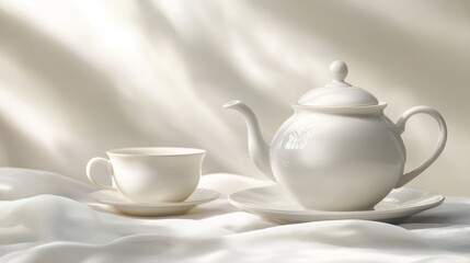 Elegant white tea set on fabric