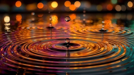 Colorful water ripples with bokeh lights in background. Abstract liquid surface with circular patterns. Macro photography of droplet impact creating concentric rings. - Powered by Adobe