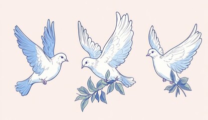 Fototapeta premium Three white doves in flight, with light teal accents, and leaves