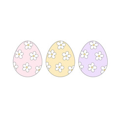 Soft Pastel Pink, Yellow, and Lily Easter Eggs with Daisy Prints in Retro Coquette Style Vector Illustration Isolated on White. Perfect for Easter cards, gift wrap, fabric patterns, digital