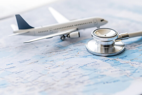 Travel health: Stethoscope and airplane toy on a map represent the importance of healthcare when traveling, planning, and exploring the world.