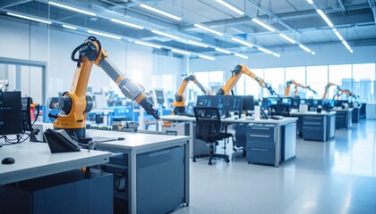 Naklejka premium Artificial Intelligence Automating Office Tasks with Robotic Arms and Software Icons
