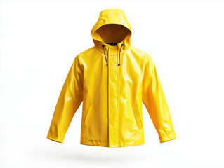 Front-facing yellow rain jacket neatly displayed against white background