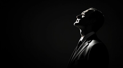 A man in a suit standing against a black background, looking up with a serious expression.