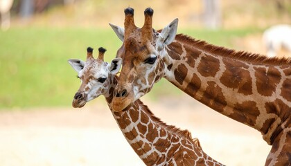 Obraz premium Two giraffes, one adult and one calf, close up