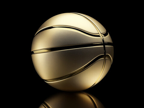 Metallic gold basketball with reflective surface isolated on black, 3D render