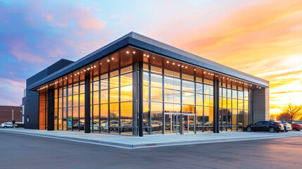 Obraz premium A modern, glass-fronted building with a large parking lot in front, featuring a sunset sky in the background.