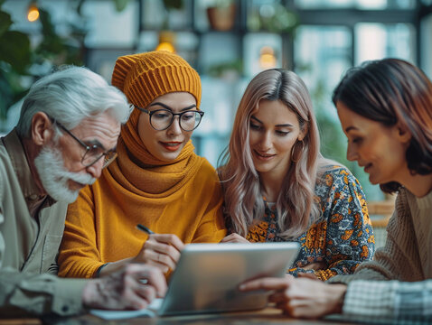 Multi-generational workplace collaboration, Gen Z and Baby Boomers working together on tablet, diverse ages sharing knowledge