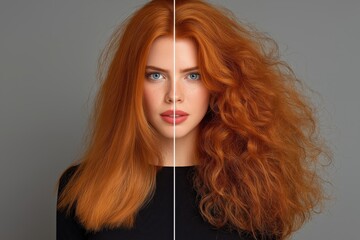 Fototapeta premium Dramatic Hair Transformation Shows Red Hair Before And After Styling