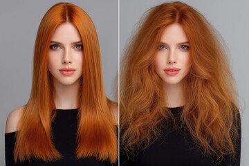 Obraz premium Dramatic Hair Transformation Shows Red Hair Before And After Styling