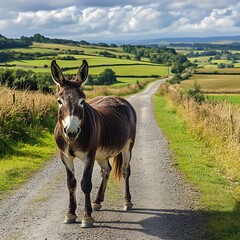 Donkey on empty farm road during summer day high resolution picture