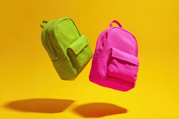 Two vibrant green and neon pink backpacks floating in the air isolated on a yellow background. Colorful school bags are suspending mid-air. Dynamic movement composition. product presentation, playtime