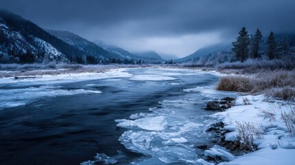 Obraz premium Frozen River Landscape: A tranquil scene of a partially frozen river flowing through a valley of snow-covered banks, under a moody, overcast sky.