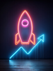 Neon rocket launch icon on blue-pink gradient background
