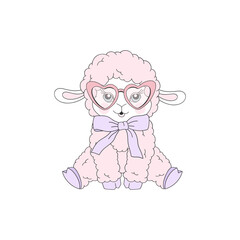 Cute Cartoon Coquette Pastel Pink Fluffy Lamb wearing Heart Shaped Glasses and Lily Ribbon Bow Vector Illustration Isolated on White. Perfect for Easter prints, nursery wall art, baby shower