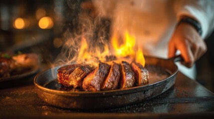 Sizzling Steak on Fire in a Cast Iron Pan