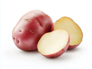 Red potato with cut slice leaning on white background
