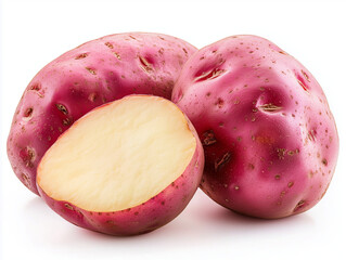 Red potato and sliced half on white background