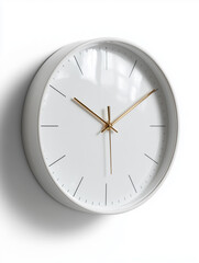 White wall clock with gray rim and gold hands on white wall
